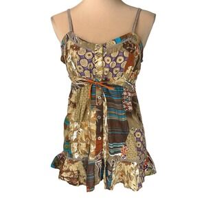 Dizzy Lizzy Medium Boho Patchwork Button Front Cotton Cami Top Colorful Y2K‎